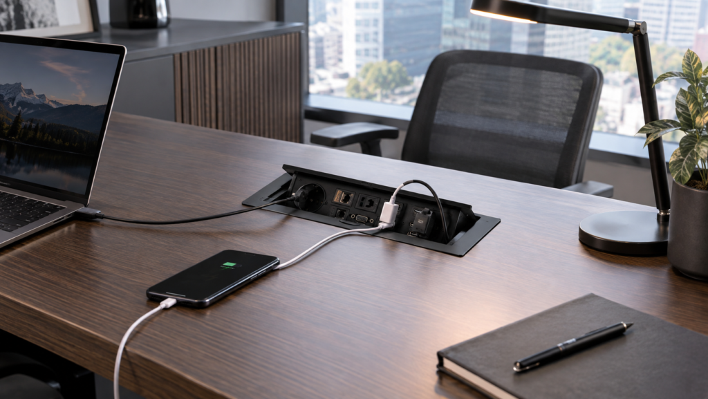 پریز کابینتی روی میز کار برای لپ تاپ و شارژر